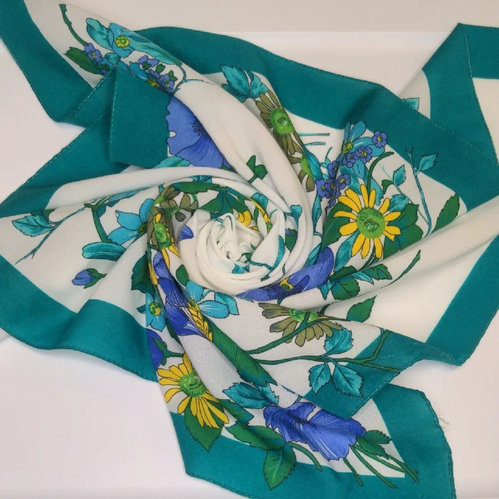 Vintage 60s Floral Scarf Italy Teal and White Garden Cottagecore Spring Summer